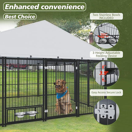 Large Outdoor Dog Kennel with Roof, 9.62’ x 9.35’ x 6.18’ Metal Pet Enclosure, UV & Weatherproof, Spacious Dog Run with Adjustable Feeders Suitable for Dogs, Chickens, Rabbits & More