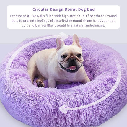 Purple Dog Bed Medium Size Dog 23 Inch Anti-Anxiety Donut Dog Cuddler Bed, Warming Cozy Soft Fluffy Faux Fur Plush