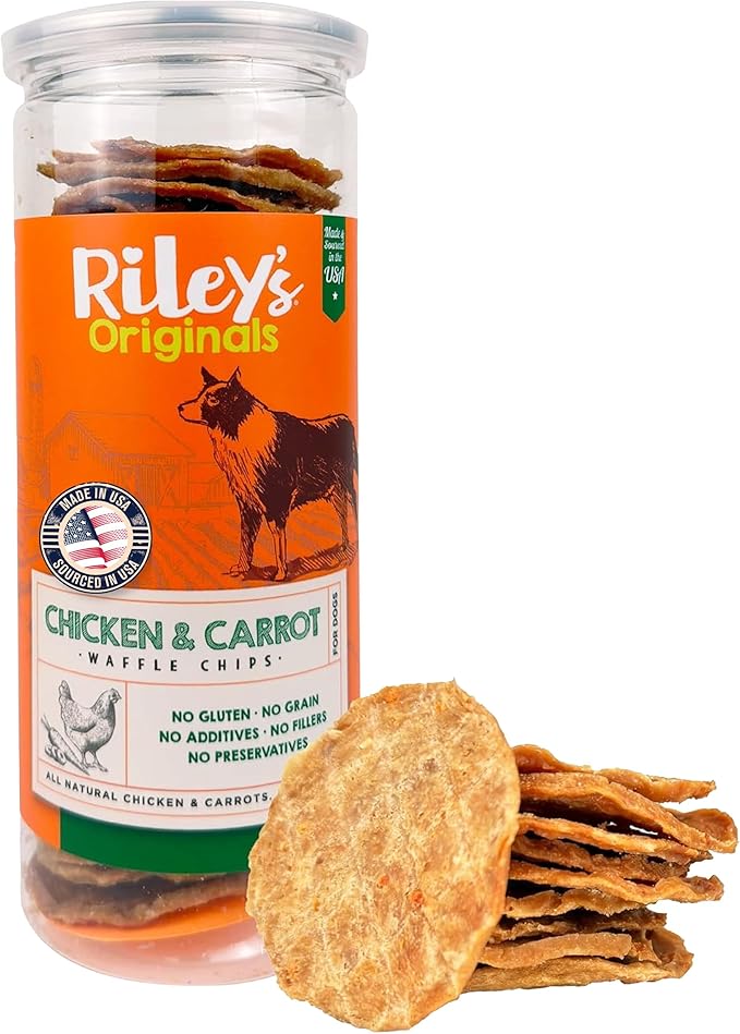 Riley's Waffles Chicken Chips for Dogs w Carrots - USA Sourced Chicken Dog Treats, Limited Ingredient Dog Treats, Dehydrated Jerky Treats Made in USA