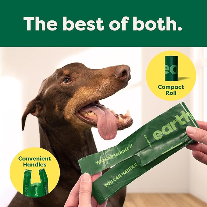 Earth Rated Dog Poop Bags with Handles on Refill Rolls, Easy-Tie on a Compact Roll, Extra Wide Opening, Guaranteed Leak-Proof, Unscented, 105 on Rolls
