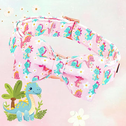 Lionheart glory Dog Bow Collar Dinosaurs Pattern Cute Collars for Medium Dogs,Soft Duty Adjustable Dog Collar with Bowtie Spring Summer Puppy Collars Bows Pet Gift