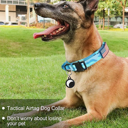 Hotsky Tactical Dog Collar, Adjustable Military Training Nylon Airtag Collar with Handle and Heavy Duty Metal Buckle for Medium Large Dogs, with Airtag Holder and Two Patches（Blue Camo,XL）