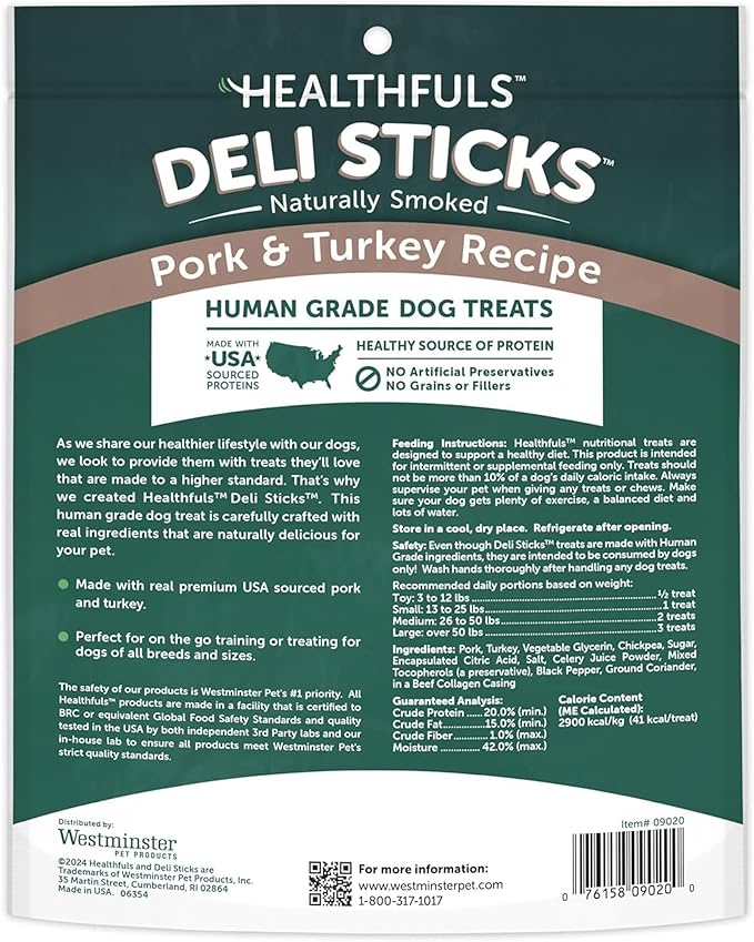 Deli Sticks Pork and Turkey Human-Grade Gluten-Free Soft and Chewy Dog Treats, 10 Count Bag