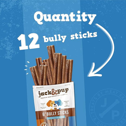 Jack&Pup 6 Inch Jumbo Bully Sticks for Dogs (12 Pack) Single Ingredient Dog Bully Sticks for Large Dogs and Aggressive Chewers