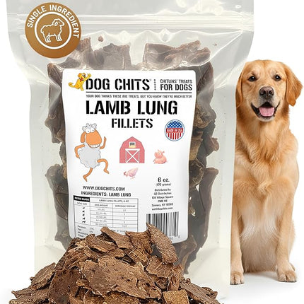 Dog Chits Lamb Lung Fillets Dog and Puppy Treats - Low Fat, High Protein Single Ingredient Dog Treat - Easy to Break Slices - Great for Training - Made in USA, 6 oz. Bag