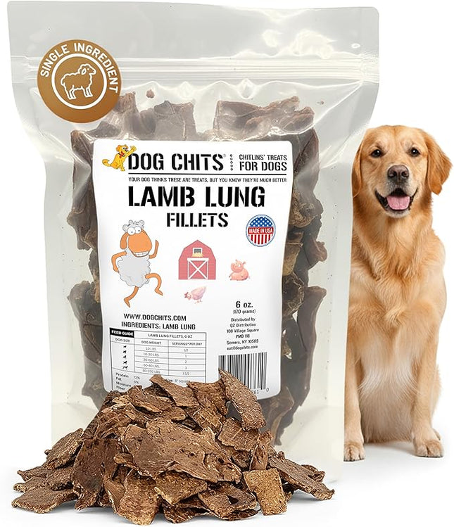 Dog Chits Lamb Lung Fillets Dog and Puppy Treats - Low Fat, High Protein Single Ingredient Dog Treat - Easy to Break Slices - Great for Training - Made in USA, 6 oz. Bag