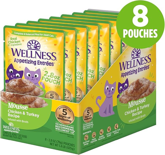Wellness Appetizing Entrées Mousse, Adult Wet Cat Food, Natural, Protein-Rich, Grain-Free, 2.8 Ounce Pouch, 8 Pack, (Chicken & Turkey Recipe)