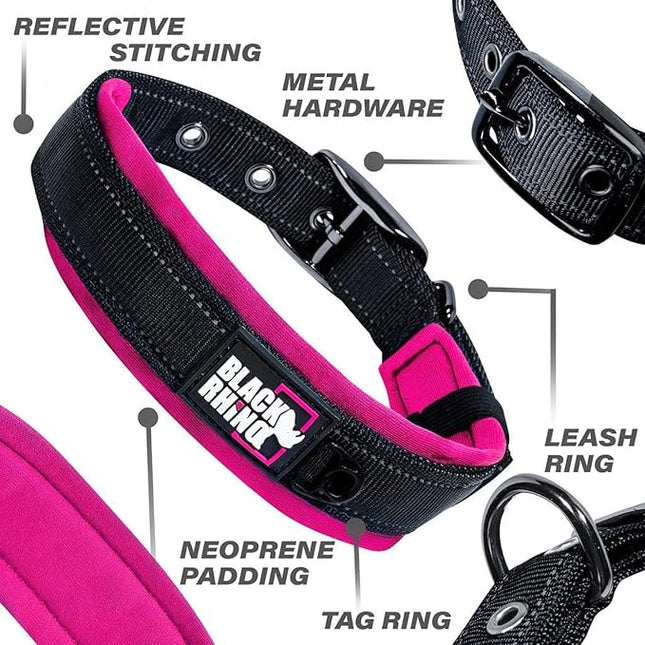 Black Rhino - The Comfort Collar Ultra Soft Neoprene Padded Dog Collar for All Breeds - Heavy Duty Adjustable Reflective Weatherproof (Small, Pink/Black)