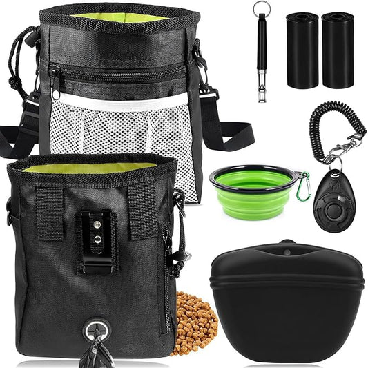 JIURUN Dog Treat Pouch for Pet Training - Dog Treat Bag (Black) - Dog Training Kit, Dog Clicker for Training, Silicone Treat Bag, 2-in-1 Whistle Clicker, Collapsible Dog Bowl, 2 Dog Poop Bag