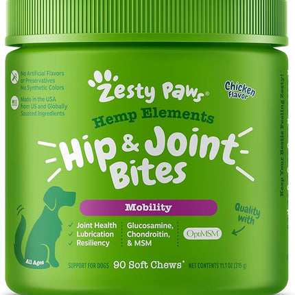 Zesty Paws Mobility Bites Joint Supplement for Dogs - Soft Chews with Glucosamine for Dogs, Chondroitin, & MSM + Vitamins C and E - Hemp - Chicken - 90ct
