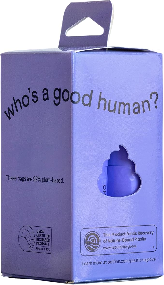 Finn 92% Biobased Poop Bags | USDA-Certified BioPreferred Product | Made from 92% Plant-Based Materials / 8% PE | Unscented Dog Waste Bags, Set of 120