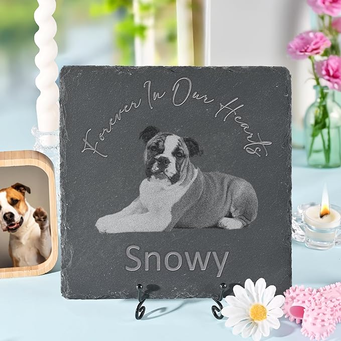 Pet Memorial Stone with Photo, Dog Memorial Gifts for Loss of Dog, Personalized Pet Memorial Gifts, Pet Loss Gift - Forever in Our Hearts（Square）