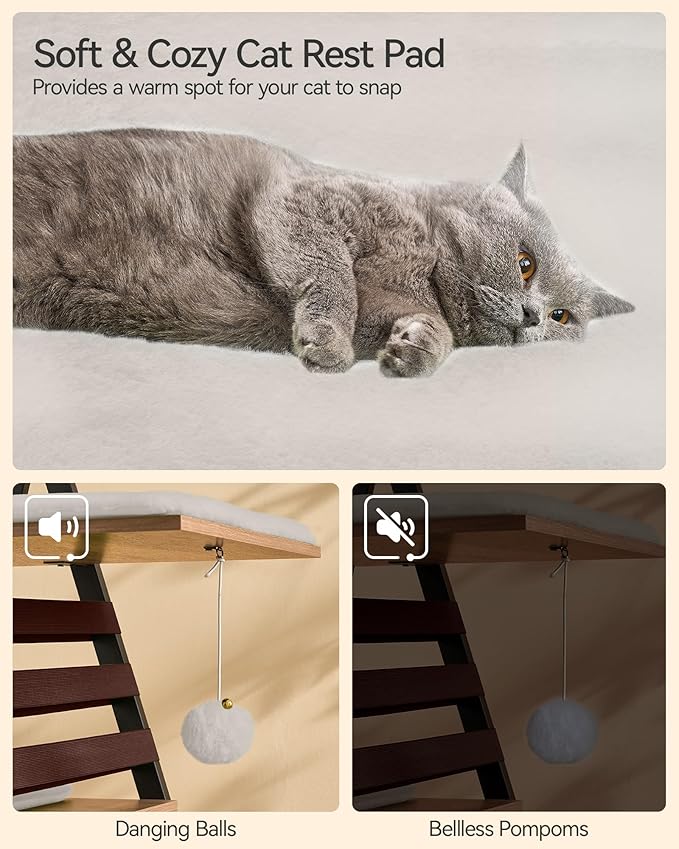 FourFurPets 72.4" Cat Tree, Modern Cat Tower for Indoor Cats, Multi-Level Cat Condo with Caves, Tall Cat Tree with Cat Scratching Board, Wooden Cat Tower with Large Perch, Removable Pads, Camel Brown