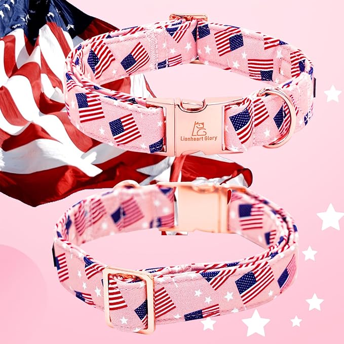 Lionheart glory American Flag Dog Collar 4 of July Dog Collars with Flower Independence Patriotic Dog Flower Collars Heavy Duty Adjustable Collar Flower for Medium Dogs Pet Gift