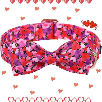 Maca Bates Valentine's Day Dog Collar with Fancy Bow for Extra Small Girl Boy Dogs,Tiedyed Love Hearts Pattern,Adjustable Durable Soft Valentine Gift for Female Male Puppy