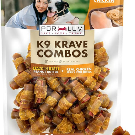 Pur Luv Dog Treats, K9 Kraves Combo Rawhide Free Bone Dog Treat, Peanut Butter and Chicken Flavor, Made with Real Peanut Butter and Chicken, 20 Count, Easily Digestible, Long-Lasting, High Protein