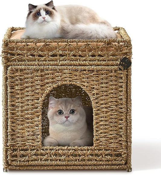 Pet Cat House, Handwoven Seagrass Cat Cave Pet Cube, Cat Beds Indoor Cat Hideaway with Double-Sided Soft Cushions Foldable for Multi Small Pet in Living Room Bedroom