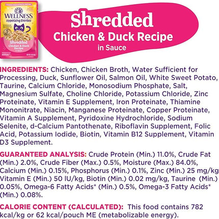 Wellness Appetizing Entrées Shredded Adult Wet Cat Food, Natural, Protein-Rich, Grain Free, 1.4 Ounce Pouch, 8 Pack (Chicken & Duck Recipe)