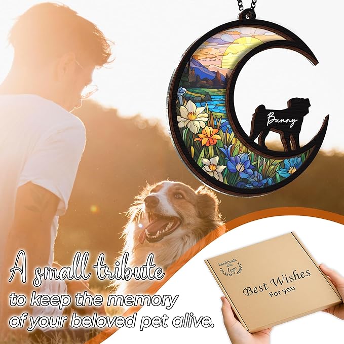 6'' Pug Memorial Suncatcher, Personalized Name Dog Breed, Pet Ornament Window Car Hanging, Sympathy Gift for Loss of Pet, Passed Away Remembrance Gift for Dog Lovers 59-SS1