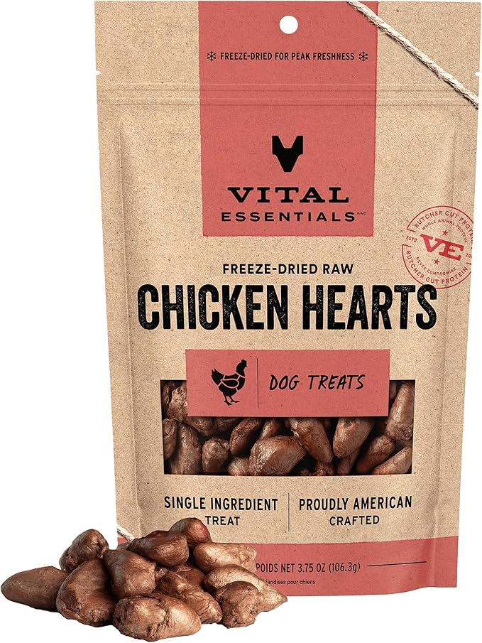 Vital Essentials Chicken Hearts Dog Treats, 3.75 oz | Freeze-Dried Raw | Single Ingredient | Premium Quality High Protein Training Treats | Grain Free, Gluten Free, Filler Free