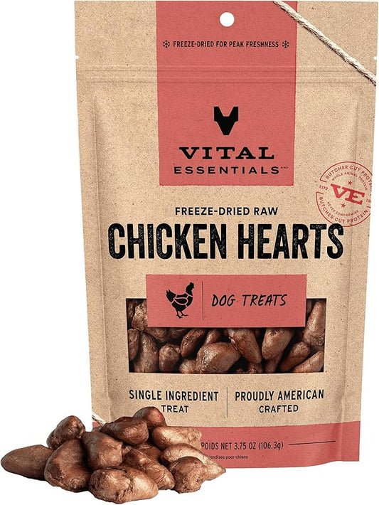 Vital Essentials Chicken Hearts Dog Treats, 3.75 oz | Freeze-Dried Raw | Single Ingredient | Premium Quality High Protein Training Treats | Grain Free, Gluten Free, Filler Free