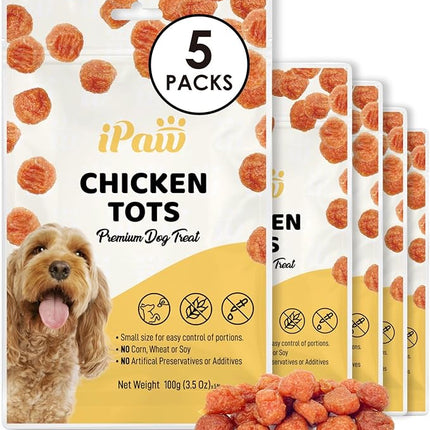 iPaw Chicken Tots Dog Treats for Puppy Training, All Natural Human Grade Dog Treat, Hypoallergenic, Easy to Digest (Chicken Tots), 5 Packs
