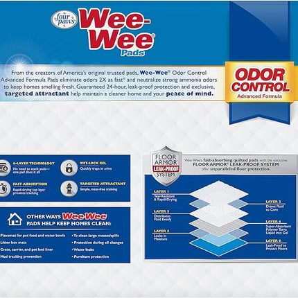 Four Paws Wee-Wee Odor Control Advanced Formula Unscented Pee Pads for Dogs & Puppies, Leak-Proof Housebreaking Potty Training Floor Protection, 22" x 23", 100 Count