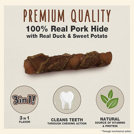 Cadet Gourmet Triple Chews Pork Hide, Sweet Potato, & Duck Dog Treats - Healthy Dog Treats for Small & Large Dogs - Inspected & Tested in USA (6 Count)