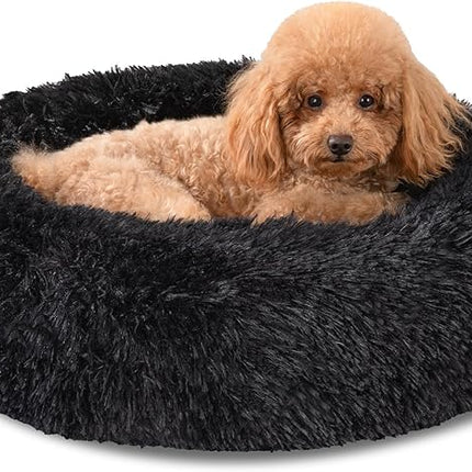 Dog Calming Beds for Small Medium Large Dogs - Round Donut Washable Puppy Dog Bed, Anti-Slip Faux Fur Fluffy Donut Cuddle Anxiety Cat Pet Bed(20" Black