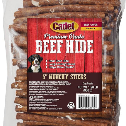 Cadet Premium Grade Beef Hide for Dogs, Long-Lasting Munchy Chew Sticks, Single-Ingredient Rawhide Dog Chews, 5-Inch, 100 Count