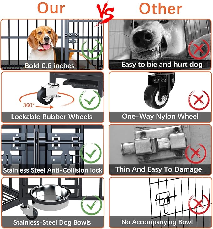 aboxoo 42 inch Stackable Heavy Duty Metal Dog Crate for 4 Dogs/Large Dog,All Metal Open Top Access,Escape Proof Cage,Dog Kennel Indoor with Wheels,Floor Grid, Tray, Divider and Feeding Bowl