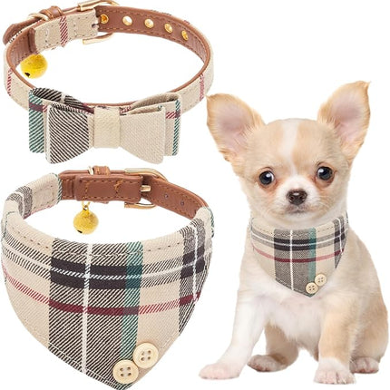 EXPAWLORER Dog Collar and Bandana Set - Classic Plaid Dog Bow Tie and Bandana Collar with PU Leather, Adjustable Collars for Small Medium Large Dogs Cats, Holiday Ideal Gift, Beige XS