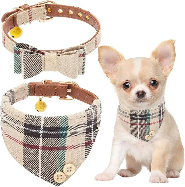 EXPAWLORER Dog Collar and Bandana Set - Classic Plaid Dog Bow Tie and Bandana Collar with PU Leather, Adjustable Collars for Small Medium Large Dogs Cats, Holiday Ideal Gift, Beige XS