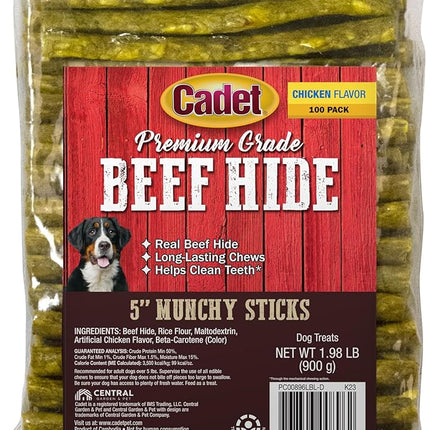 Cadet Premium Grade Rawhide for Dogs, Long-Lasting Munchy Sticks, Single-Ingredient Dog Chews, Chicken Flavor, 5-Inch, 100 Count