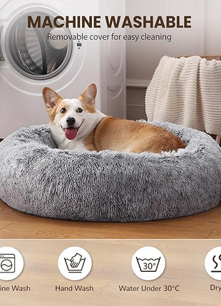 Calming Dog Bed - Donut Washable Medium Size Round Pet Bed for Dogs and Cats, 30 inches Anti-Slip Fluffy Faux Fur Plush Cat Bed, Anti-Anxiety Cushion with Anti-Slip Bottom