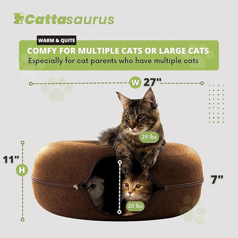 CATTASAURUS Peekaboo Cat Cave for Multiple & Large Cats Up to 30-45 Lbs, Scratch Detachable & Washable Tunnel Bed, Comfy Donut Cat Cave (Brown, Jumbo)