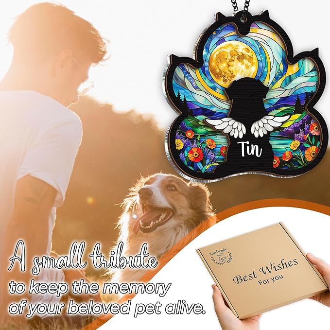 Personalized Angel Dog Memorial Suncatcher, Paw Suncatcher Remembrance Gift, Engraved Pet Memorial Ornament, Pet Sympathy Keychain, Loss of Animal Sympathy Card, Rainbow Bridge Dog Loss Gift