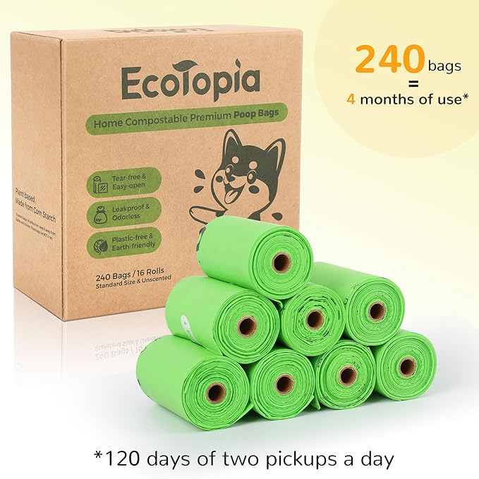Tear-Free Biodegradable Poop Bags for Dogs,240 Compostable Dog Waste Bags Rolls,Eco-Friendly,Extra Thick,Leakproof,Unscented,Plant-based,ASTM D6400 & EN 13432 Compliant,Light Green