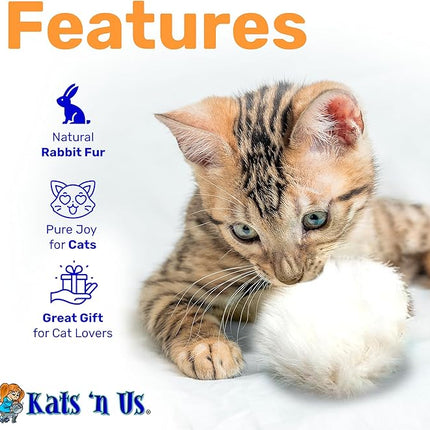 Kats'N Us Jumbo 5 Pack Real Rabbit Fur Pom Pom Cat Toy – White 2 Inch Fuzzy Balls for Cats & Kittens – Natural Interactive Cat Toys for Chasing, Batting & Hunting, Play & Indoor Entertainment
