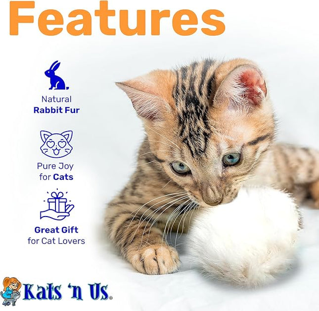 Kats'N Us Jumbo 5 Pack Real Rabbit Fur Pom Pom Cat Toy – White 2 Inch Fuzzy Balls for Cats & Kittens – Natural Interactive Cat Toys for Chasing, Batting & Hunting, Play & Indoor Entertainment