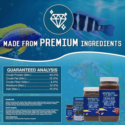 RON'S CICHLIDS Adult African Cichlid Fish Food Pellets – USA Made Slow Sinking Cichlid Pellets & Sticks Feed, Low Fillers, Ideal for Cichlid Food, Koi, Goldfish, Pleco, Oscar & Tropical Fish, 5.5 LB