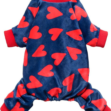 Fitwarm Valentines Day Sweet Hearts Dog Pajamas, Dog Winter Clothes for Small Dogs Girl Boy, Lightweight Velvet Pet Jumpsuit, Cat Onesie, Dark Blue, Red, Large