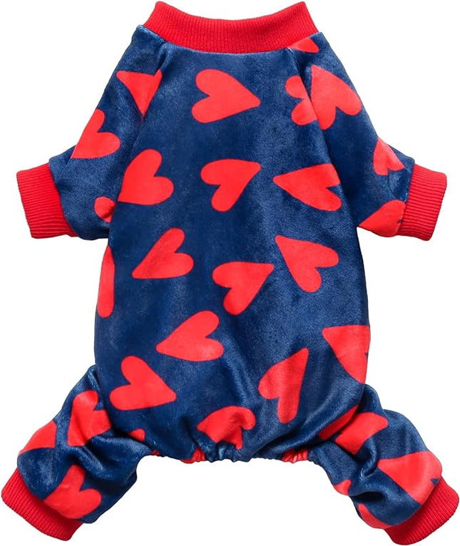 Fitwarm Valentines Day Sweet Hearts Dog Pajamas, Dog Winter Clothes for Small Dogs Girl Boy, Lightweight Velvet Pet Jumpsuit, Cat Onesie, Dark Blue, Red, Large