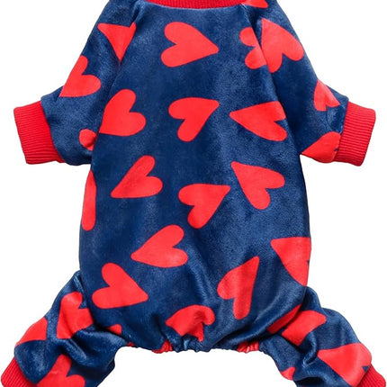 Fitwarm Valentines Day Sweet Hearts Dog Pajamas, Dog Winter Clothes for Small Dogs Girl Boy, Lightweight Velvet Pet Jumpsuit, Cat Onesie, Dark Blue, Red, XL