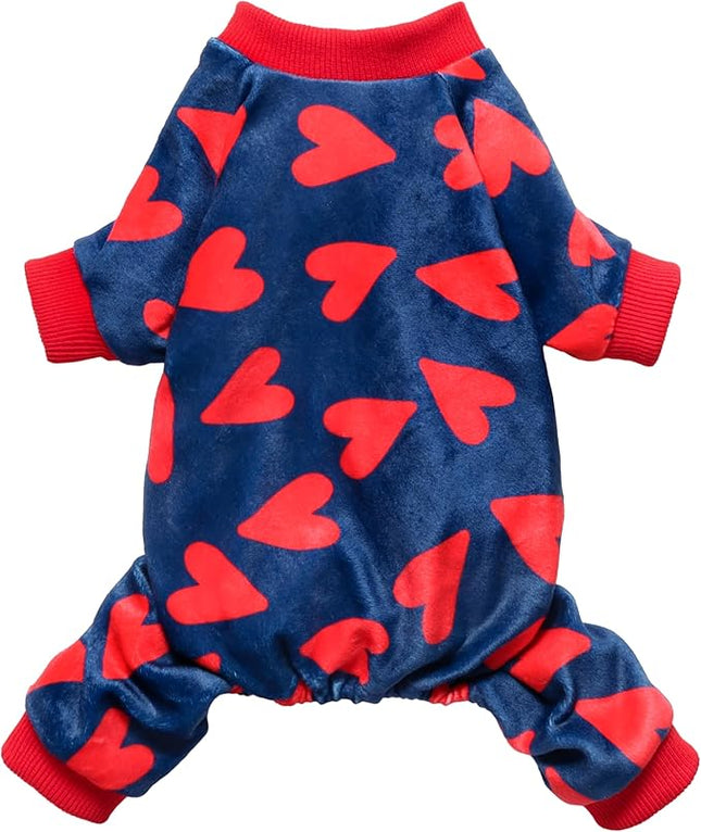 Fitwarm Valentines Day Sweet Hearts Dog Pajamas, Dog Winter Clothes for Small Dogs Girl Boy, Lightweight Velvet Pet Jumpsuit, Cat Onesie, Dark Blue, Red, XL