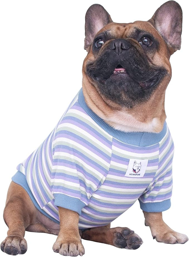 iChoue English Bulldog High Stretchy Breathable Summer Cooling T Shirts Vest Clothes for Medium Dogs Large French Frenchie Pug English Pitbull Boston Terrier Blue Stripe - XLarge