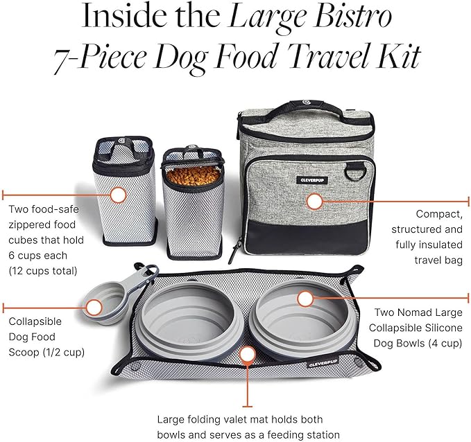 Small 7-Piece Bistro Box Dog Food Travel Kit, 6-Cup Kibble Storage, 2 Silicone Bowls, Mat & Scoop - Premium Portable Pet Food Kit for Weekends, Overnights, Daycare & Camping, Heather Grey