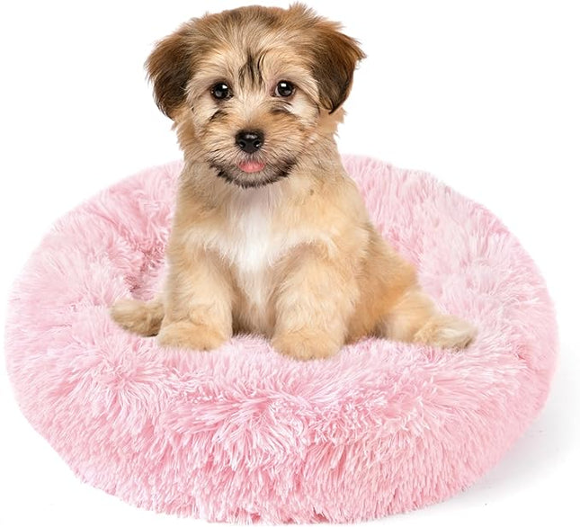 NOYAL Calming Donut Dog Bed for Small to Medium Dogs & Cats - Plush Faux Fur Anti-Anxiety Pet Bed with Machine Washable Cover & Non-Slip Base