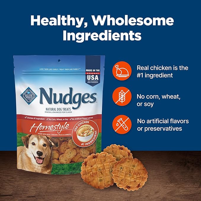Blue Buffalo Nudges Homestyle Natural Dog Treats Made with Real Chicken, Made in the USA, Chicken, 10-oz Bag