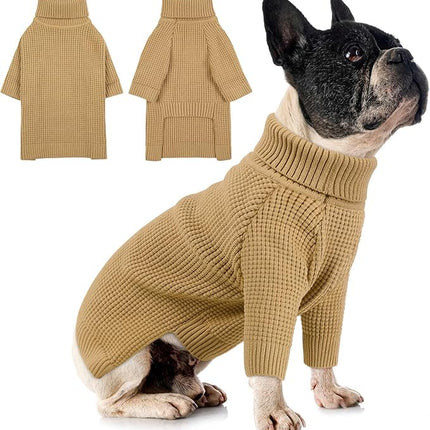 Queenmore Dog Sweater, Turtleneck Long Sleeve Knitted Dog Sweater with Check Pattern, Fall Winter Warm Pet Sweaters, Solid Pull-on Pet Sweater for Cats, Brown XS